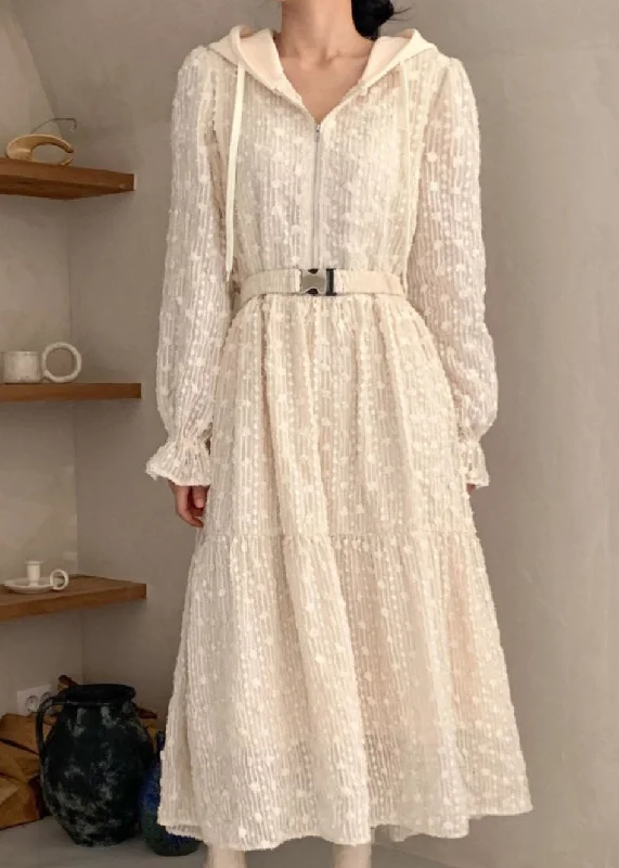 Price Drop Alert high-waisted dressWomen Apricot Hooded Zippered Patchwork Lace Dress Spring