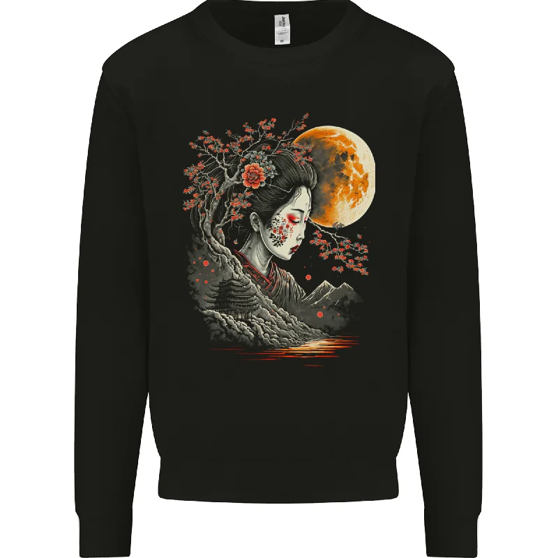 retro sports hoodieA Geisha Girl Cherry Blossom Moon Fantasy Mens Sweatshirt Jumper