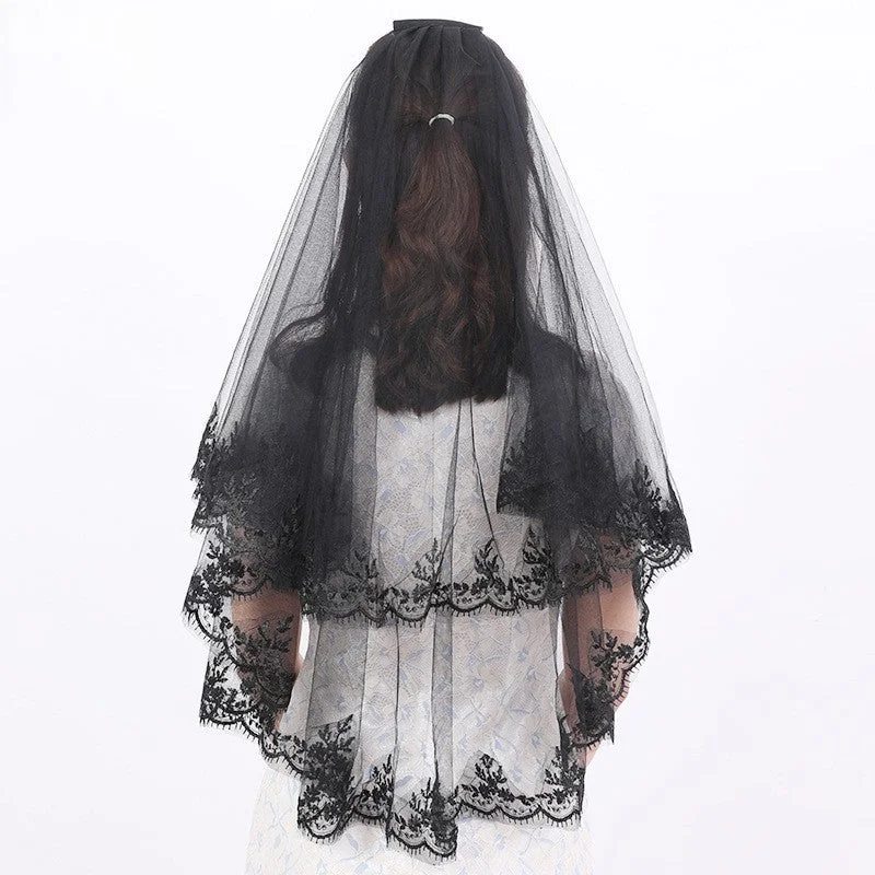 Don't Miss casual dressShort double comb Halloween black headdress lace veil 652118383139