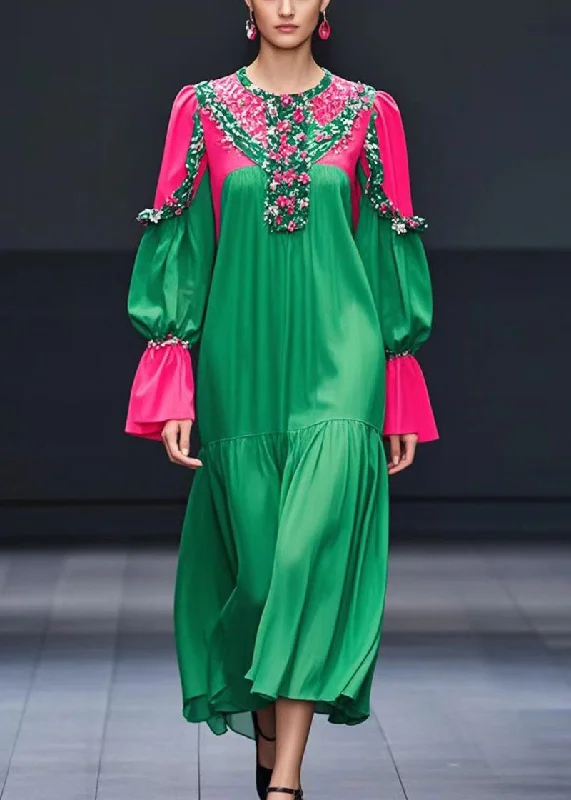 Unbeatable Prices silk dressBoutique Green Patchwork Cotton Long Dresses Fall
