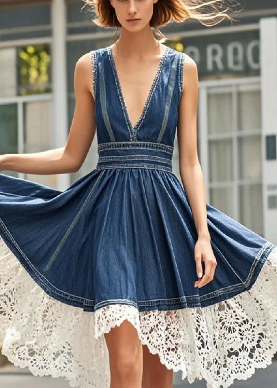 formal dressFrench Navy V Neck Patchwork Lace Denim Holiday Dress Summer