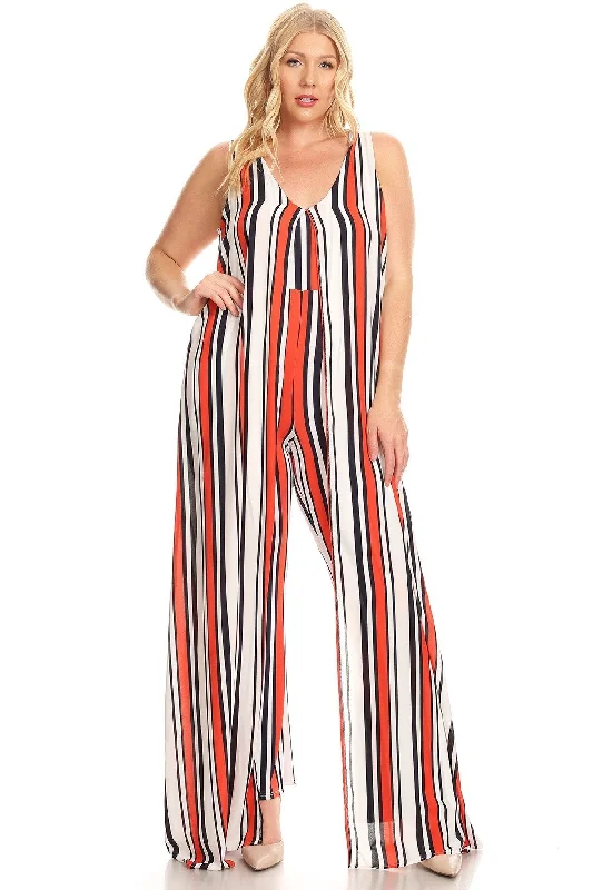 Bargain Prices Plus Size Stripe Print Sleeveless Split Layer Caped Jumpsuit