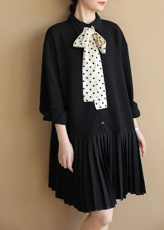 casual midi dressCasual Black Peter Pan Collar Patchwork Plaid Bow Necktie Cotton Pleated Dress Long Sleeve