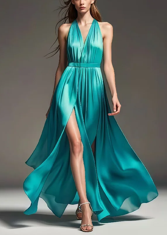 Special Savings bohemian dressFrench Green Cold Shoulder Exra Large Hem Side Open Silk Full Dress Summer
