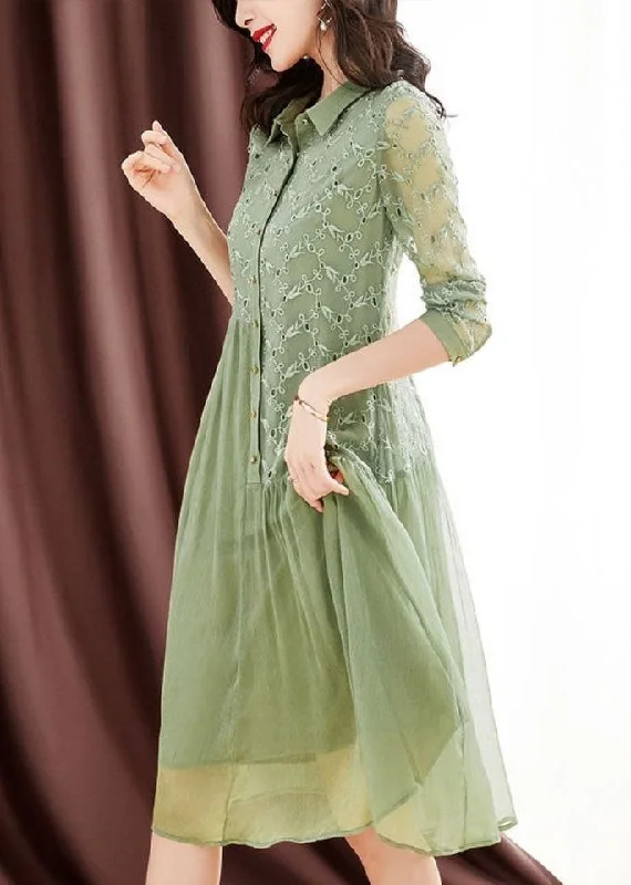 wrap dressWomen Green Peter Pan Collar Embroideried Patchwork Wrinkled Silk Long Dresses Long Sleeve