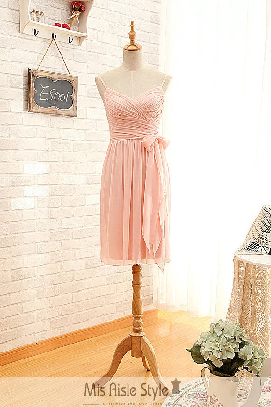 Year-End Clearance satin midi dressShort Spaghetti Straps Pearl Pink Bridesmaid Dress