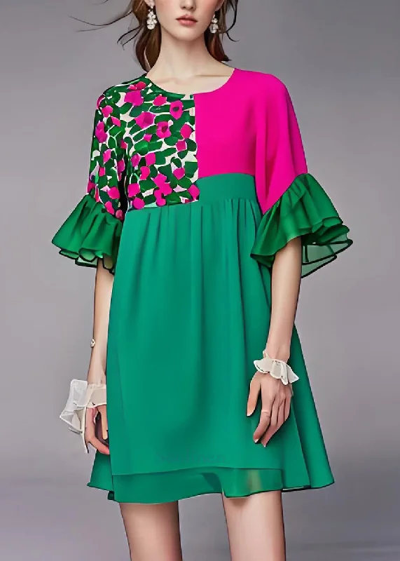 layered dressStyle Green O Neck Patchwork Chiffon Mid Dress Butterfly Sleeve