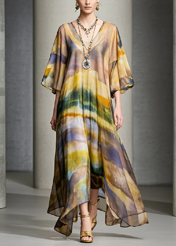 Value Deals pleated dressPlus Size Brown Oversized Print Chiffon Maxi Dress Summer