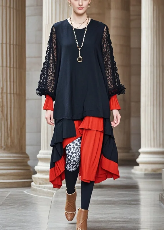 Super Sale chic wrap dressOrganic Black Asymmetrical Patchwork Hollow Out Cotton Holiday Dress Fall