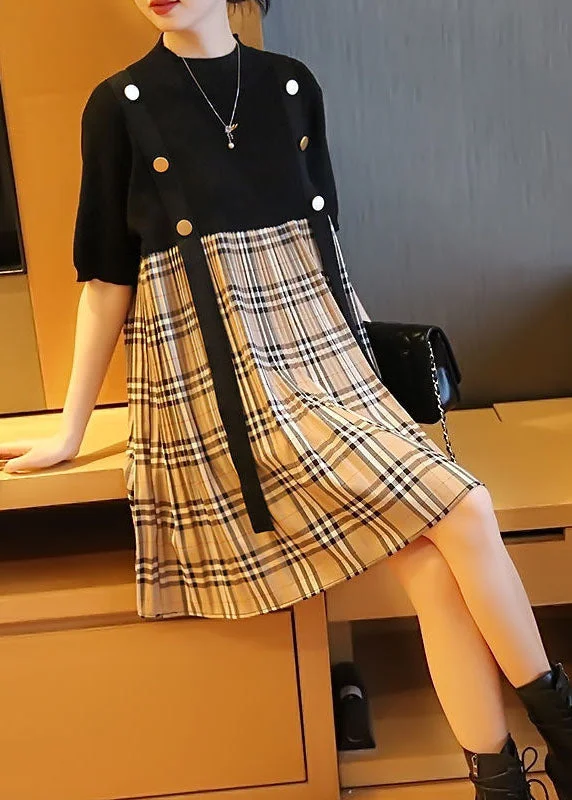 wrap-around dressBlack Patchwork Knit Fake Two Piece Dress Oversized Plaid Summer