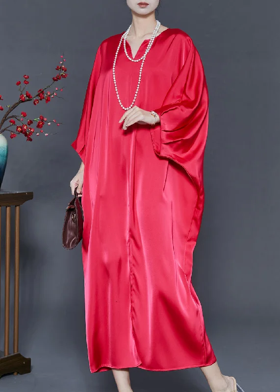 structured dressArt Red Oversized Silk Robe Dresses Batwing Sleeve