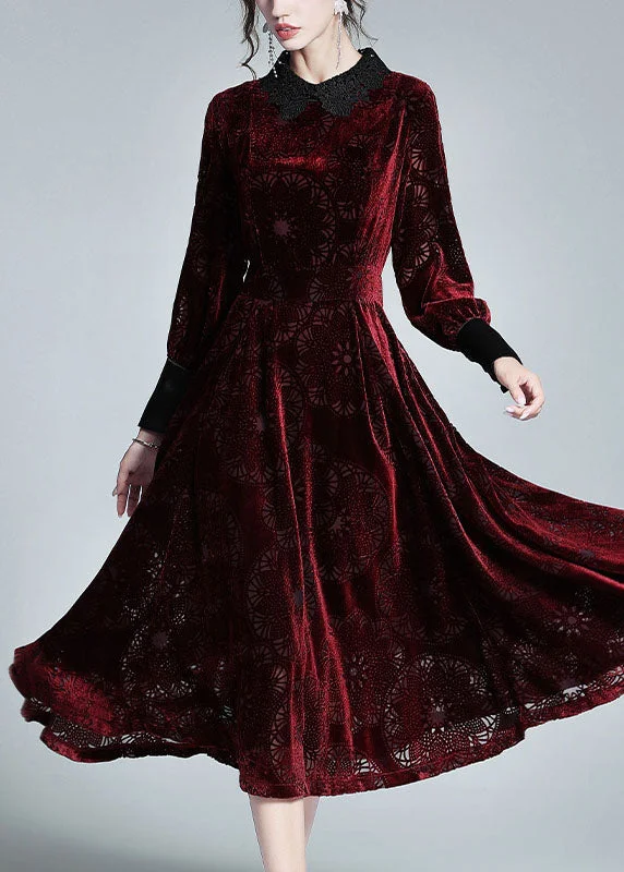 Buy More, Save More trendy bodycon dressBohemian Mulberry Peter Pan Collar Patchwork Velour Dress Spring