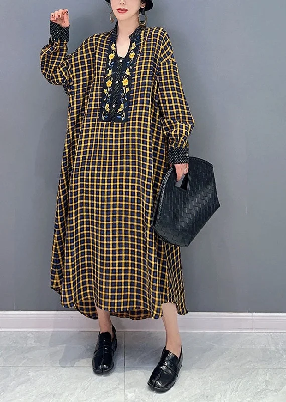 Closeout Sale office dressSimple Yellow Oversized Plaid Cotton Long Dresses Spring