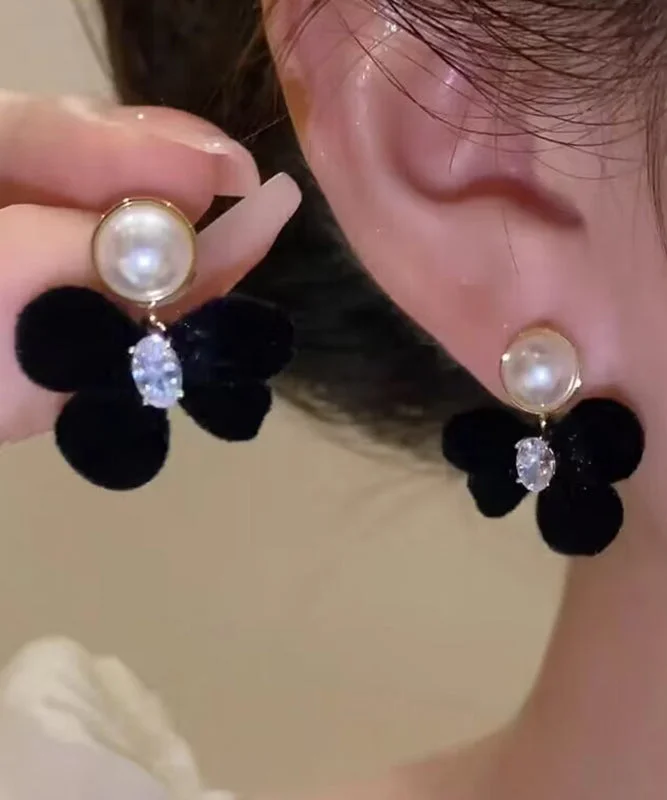 statement dressClassy Black Alloy Inlaid Crystal Pearl Bow Pile Coating Stud Earrings