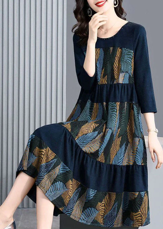 fitted cocktail dressStyle Blue Oversized Patchwork Print Dress Bracelet Sleeve