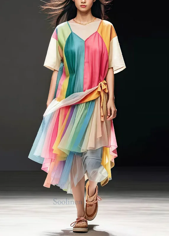 Great Deals modern dressPlus Size Rainbow Oversized Patchwork Tulle Dress Summer
