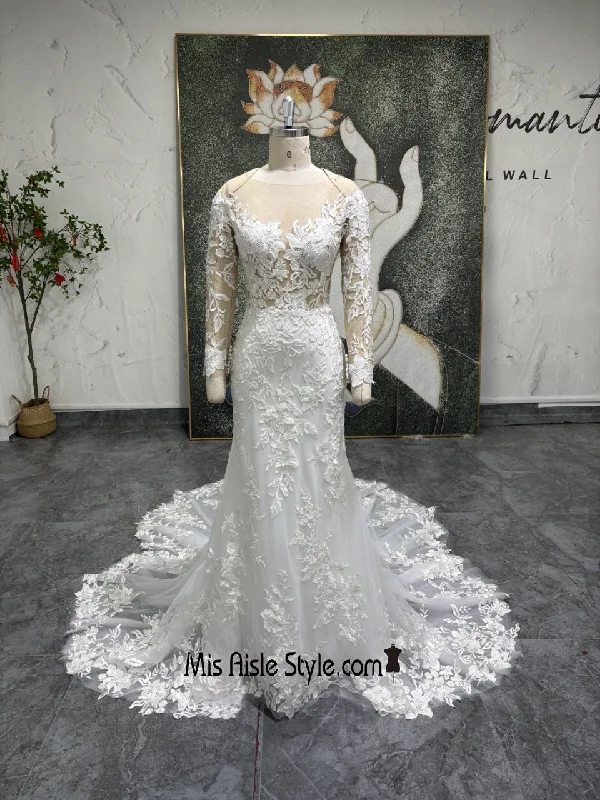 Value Deals floral dressFitted Long Sleeve Sheer Lace Wedding Dress