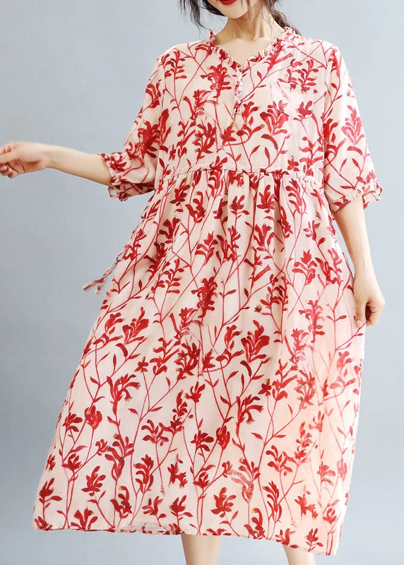 Quick Sale satin dressDIY Red Ruffled Print Linen Holiday Dress Half Sleeve