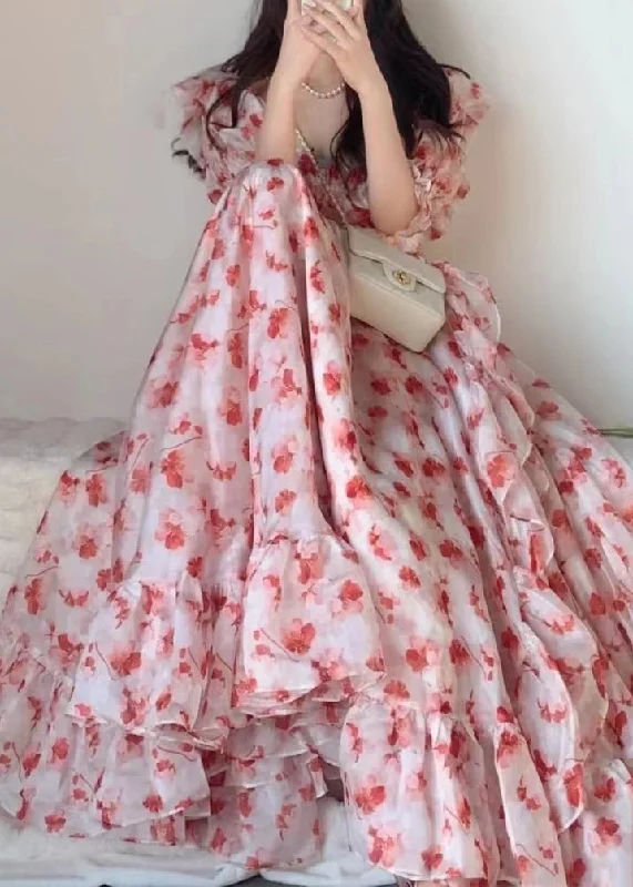 Price Smash bohemian dressBeautiful Pink Ruffled Print Chiffon Long Dresses Short Sleeve Price Smash bohemian dressBeautiful Pink Ruffled Print Chiffon Long Dresses Short Sleeve