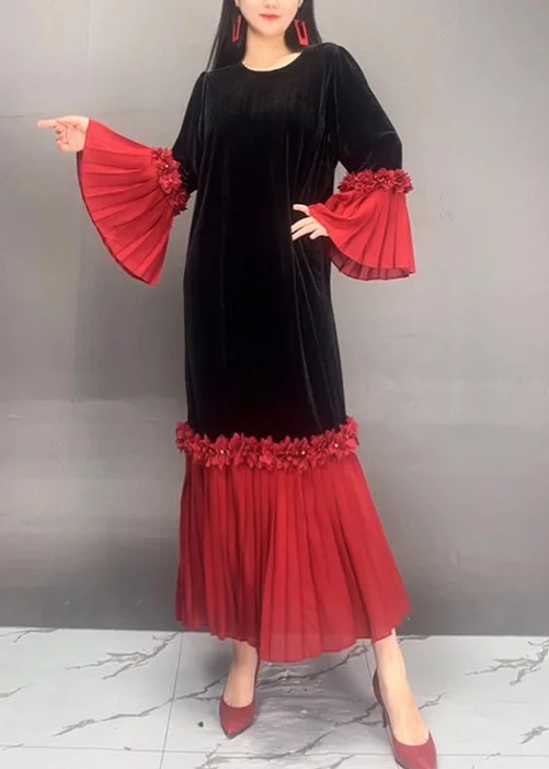 Year-End Clearance statement dressBeautiful Red O Neck Chiffon Patchwork Velvet Dresses Flare Sleeve