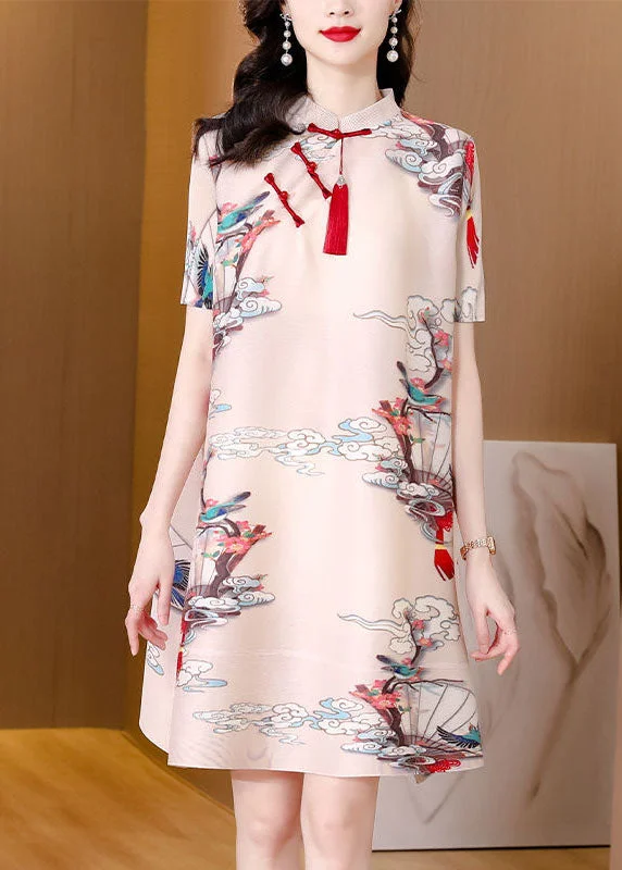 sophisticated dressOriginal Design Apricot Mandarin Collar Print Oriental Button Wrinkled Silk A Line Dresses Short Sleeve