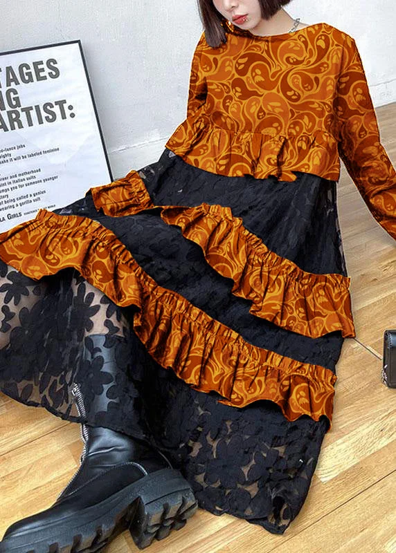 bodycon dressBohemian orange Ruffles  Fall Lace Dresses