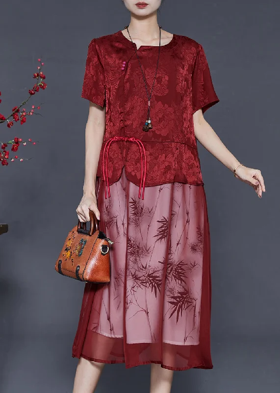 Grand Opening Sale t-shirt dressVintage Red Tasseled Patchwork Jacquard Silk Dress Summer Grand Opening Sale t-shirt dressVintage Red Tasseled Patchwork Jacquard Silk Dress Summer