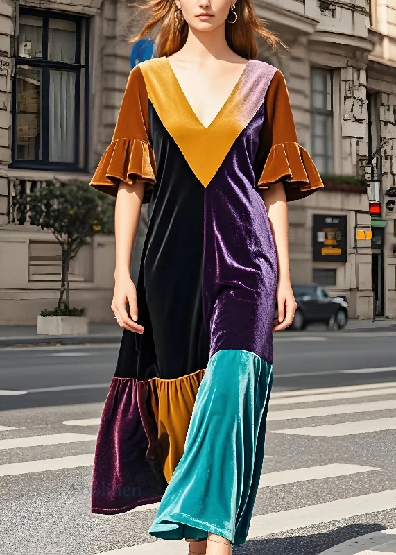 Super Bargain casual day dressStylish Colorblock V Neck Patchwork Velvet Dress Butterfly Sleeve Super Bargain casual day dressStylish Colorblock V Neck Patchwork Velvet Dress Butterfly Sleeve
