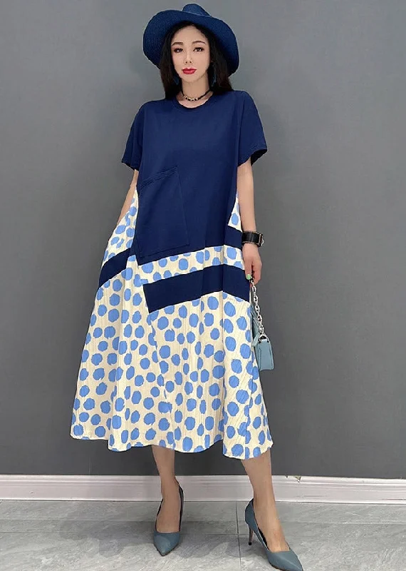 Big Discounts satin dressNatural Blue O-Neck Patchwork Long Dress Short Sleeve