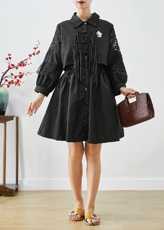 boho-chic dressFrench Black Tasseled Cinched Patchwork Cotton Fake Two Piece Shirt Dresses Fall