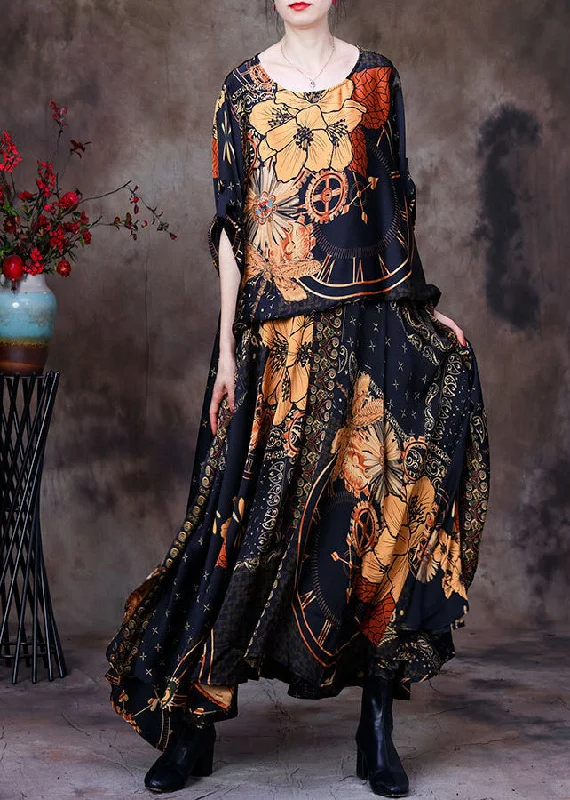 YEAR-End Clearance flowy evening dressVintage Yellow O-Neck Asymmetrical Print Fake Two Pieces Silk Maxi Dress Long Sleeve