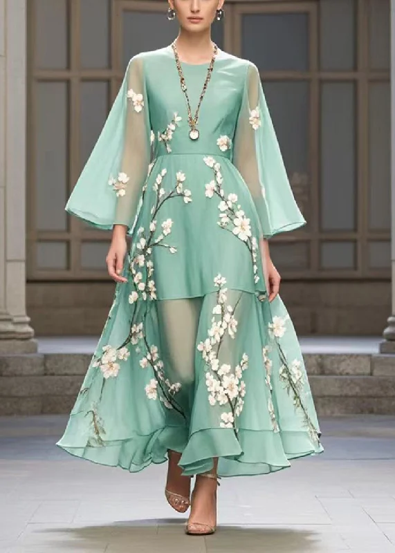 Flash Sale flowy maxi dressBeautiful Lake Green Plum Blossom Print Chiffon Party Dress Fall