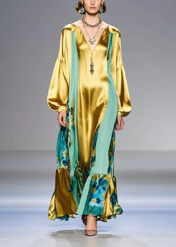 off-shoulder dressCasual Golden Patchwork Silk Dress V Neck Lantern Sleeve