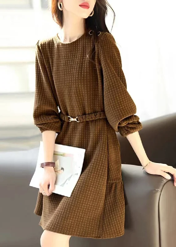 chic shift dressStyle Coffee Plaid Patchwor Sashes Mid Dress Fall