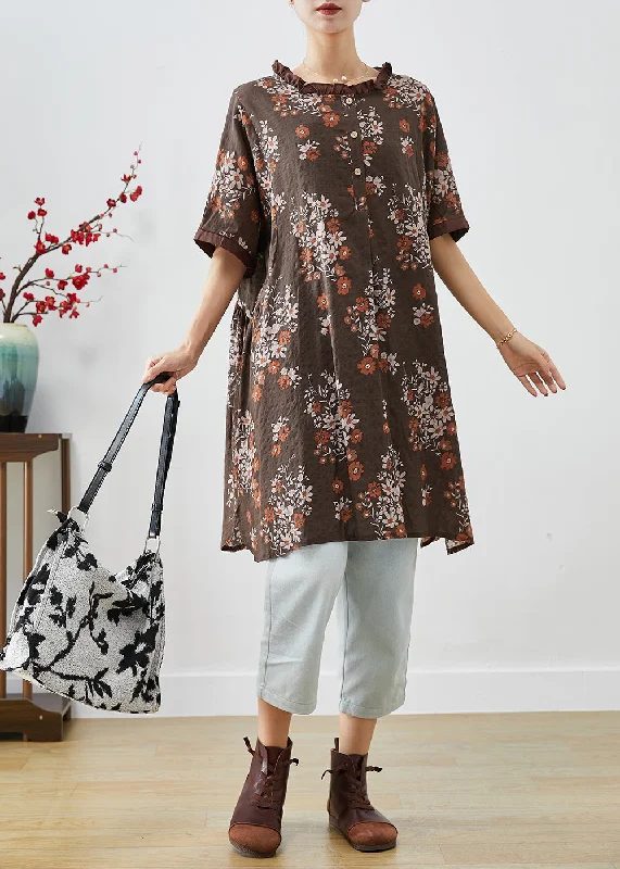 Buy More, Save More cocktail dressCoffee Print Linen Shirt Dresses Ruffled Summer