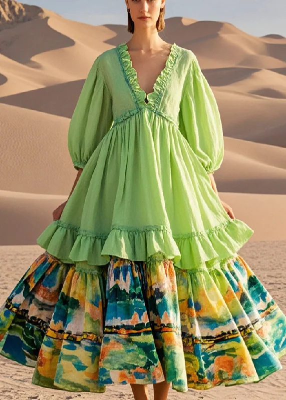 trendy dressBoho Light Green Ruffled Patchwork Exra Large Hem Cotton Party Dress Half Sleeve