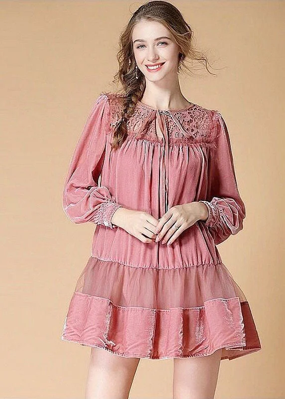 pleated maxi dressBeautiful Pink Embroideried Lace Up Patchwork Velour Dress Spring