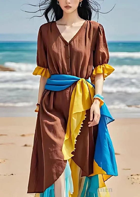 Year-End Clearance chic wrap dressNew Brown V Neck Patchwork Cotton Dresses Butterfly Sleeve Year-End Clearance chic wrap dressNew Brown V Neck Patchwork Cotton Dresses Butterfly Sleeve