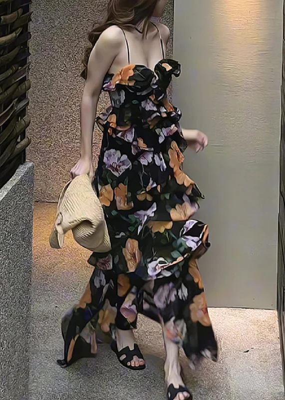 Clearance Items vintage dressFrench Black Asymmetrical Print Chiffon Maxi Spaghetti Strap Dress Sleeveless Clearance Items vintage dressFrench Black Asymmetrical Print Chiffon Maxi Spaghetti Strap Dress Sleeveless