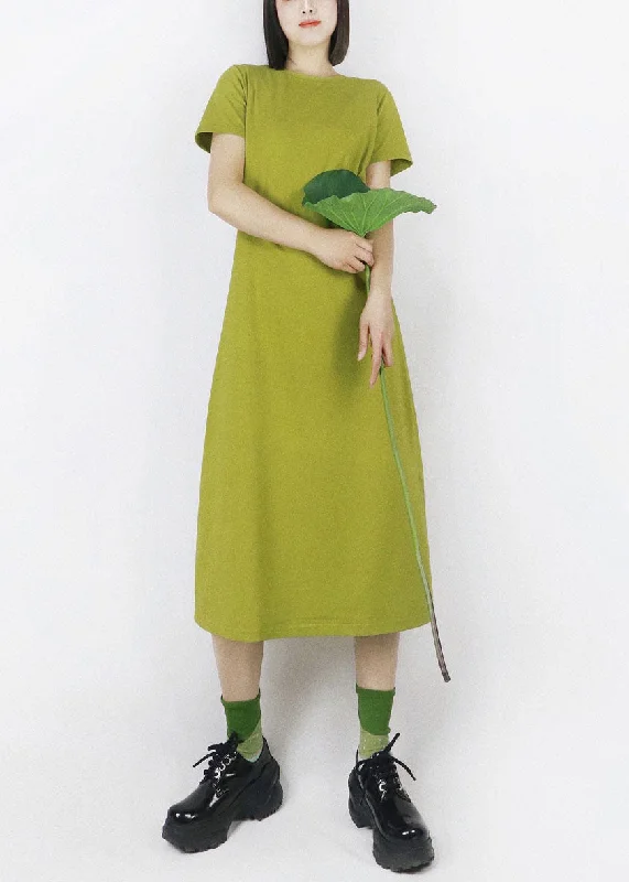 Major Savings pleated maxi dressFrench Green O-Neck Oversized Solid Color Cotton Maxi Dress Half Sleeve
