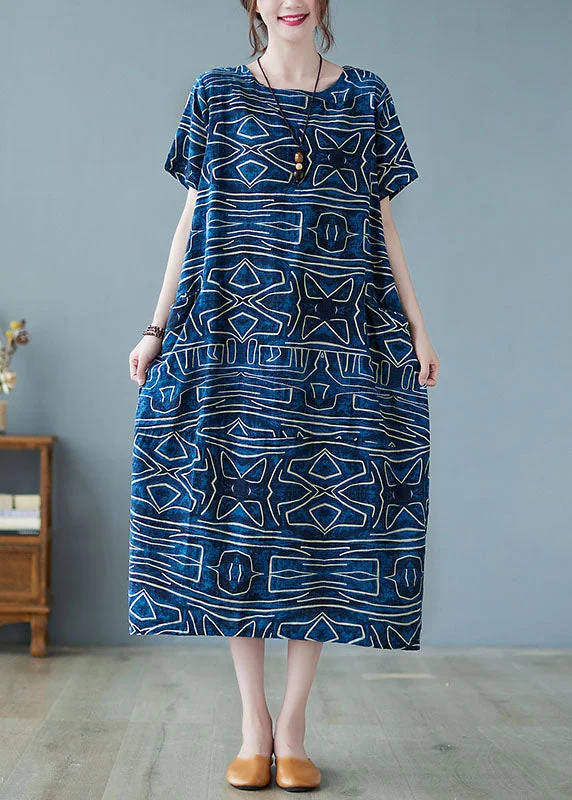 Bonus Savings chic dressItalian Blue O-Neck Geometric Print Pockets Cotton Maxi Dress Short Sleeve