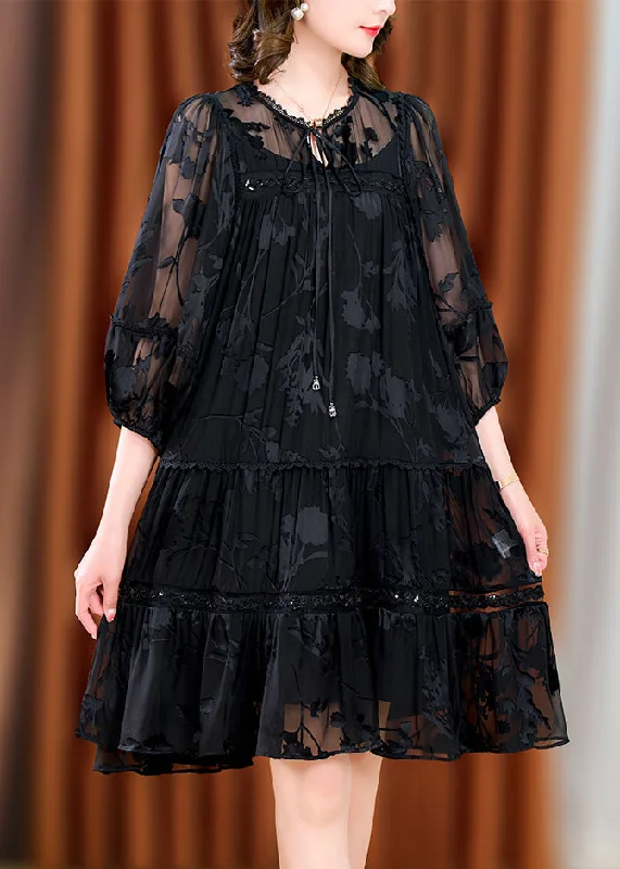 printed dressUnique Black Wrinkled Jacquard Patchwork Tulle Mid Dresses Fall