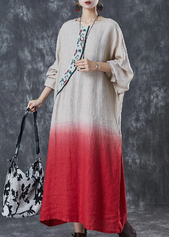 Daily Deals casual evening dressVintage Gradient Color Embroidered Linen Ankle Dress Spring Daily Deals casual evening dressVintage Gradient Color Embroidered Linen Ankle Dress Spring