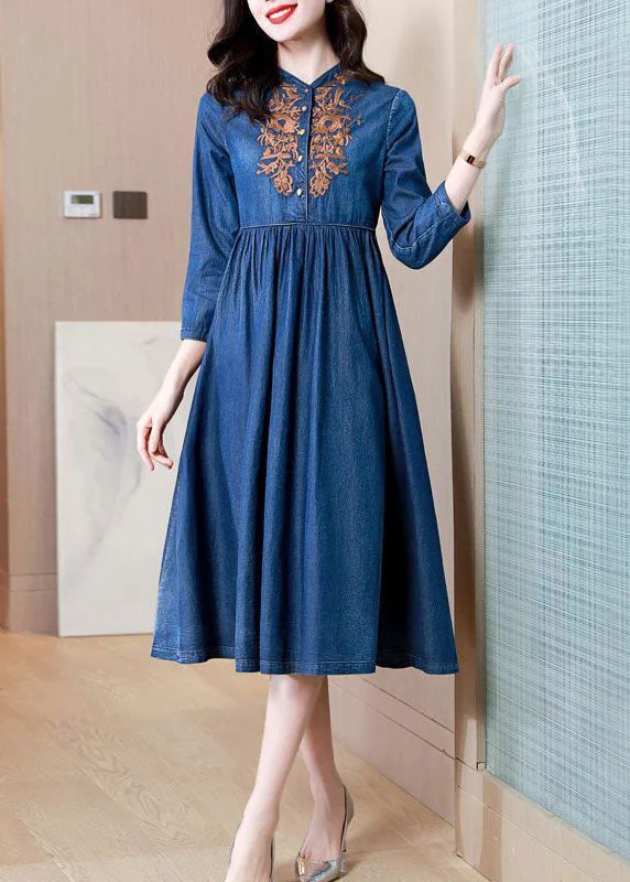 Last Chance office dressVintage Blue Embroideried Exra Large Hem Cotton Denim Dress Bracelet Sleeve