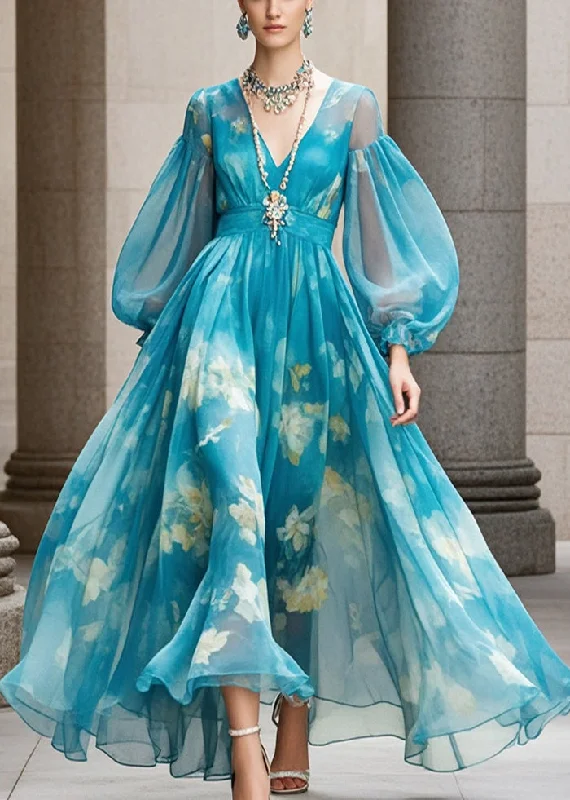 Markdown Madness minimalistic dressWomen Blue Print Exra Large Hem Chiffon Dress Lantern Sleeve