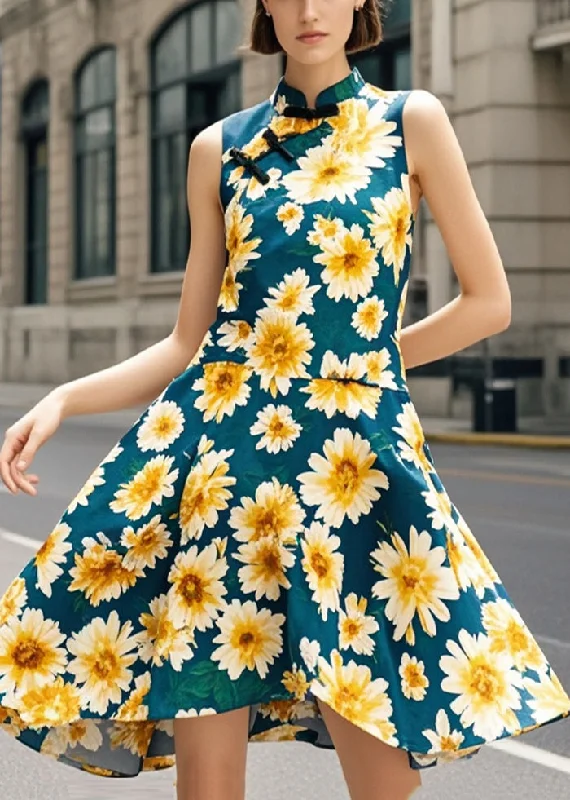 romantic dressChinese Style Blackish Green Chrysanthemum Print Silm Fit Dress Summer