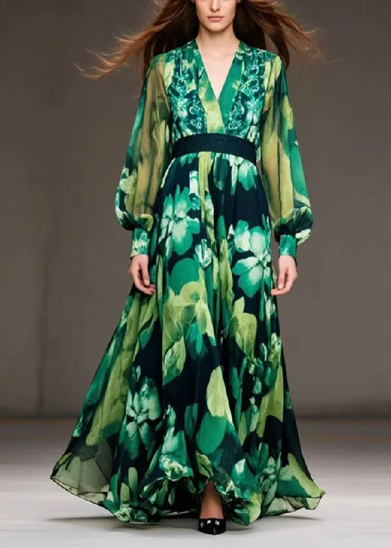 party dressArt Green Cinched Print Chiffon Ankle Dress Spring