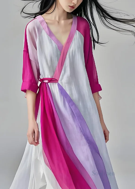 Bargain Bin comfy dressWomen V Neck Lace Up Patchwork Cotton Long Dresses Summer