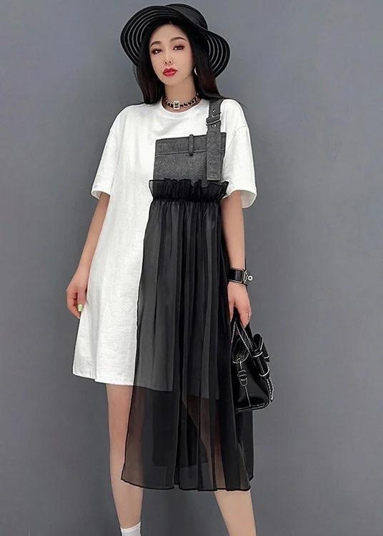 Buy More, Save More draped dressFrench Black O-Neck Denim Tulle Patchwork Dress Short Sleeve