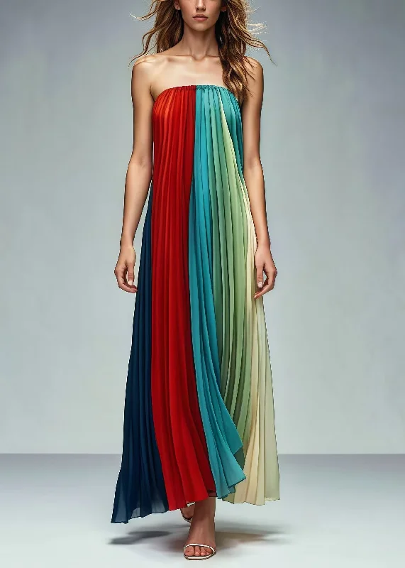 satin dressPlus Size Colorblock Patchwork Wrinkled Chiffon Strapless Dresses Summer